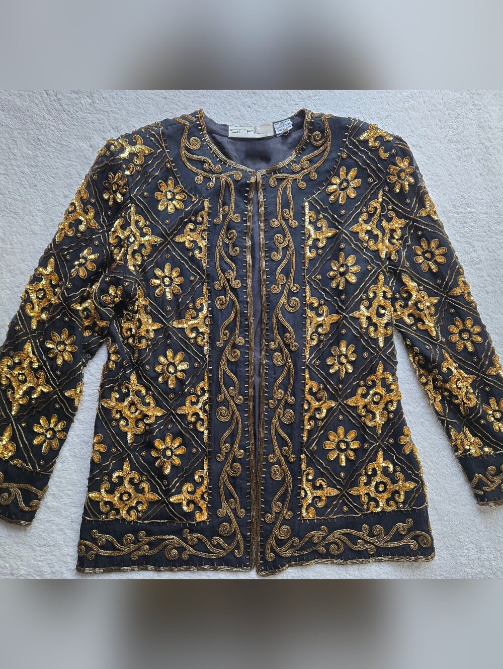 Vintage Scala Black Silk Beaded Jacket Gold Sequin Evening Formal Womens M